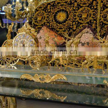 Antique 24K Gold Plated Deer Pulling Cart Table Clock, Marble Base Design Copper Table Clock photo-2