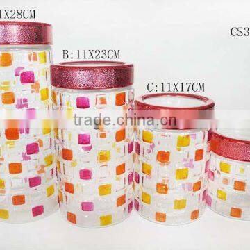 4 pcs elegant embossed bubble glass canisters set with plastic lidS