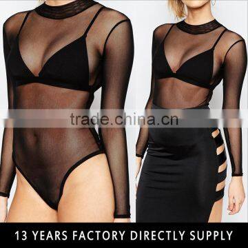 Black net long sleeve sexy open transparent snap crotch dance bodysuit