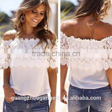 2015 new arrival beauty ladies lace tops latest design Lace Crochet Off Shoulder Chiffon beach blouse top by guangzhou factory