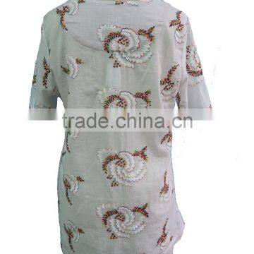Floral Hand Embroidery Designs Round Collar Short Sleeve With Front Pocket Blouse Tunic Dress photo-2