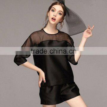 2015 European style new black satin half sleeve blouse and satin shorts suit women short pants suit ladies summer pants suits