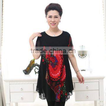 Elegant lace formal short sleeve printed floral loose blouses for old ladies