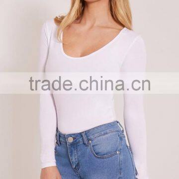 Sexy Tight Ladies Jumpsuit With High Leg Basic White Scoop Neck Thong Bodysuit Long Sleeve photo-2
