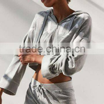 Grey Cropped Zip Hoodie Jacket Printing Long Sleeve 100% Cotton Terry Sweatshirt Loose Women's Hoody Sportswear photo-6