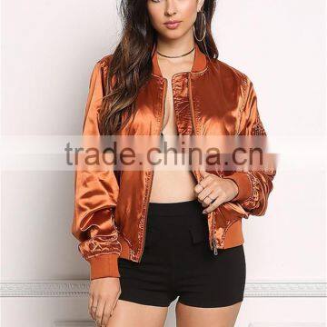 MGOO Foshan Manufacturer Cheap Price Satin Bomber Jacket For Women Shiny Custom Oversized Zip Jackets photo-2