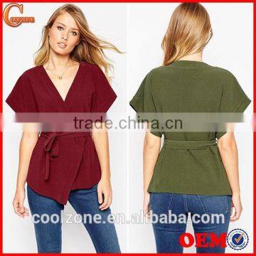 Wholesale Wide-cut Cuffs Wrap Design Lady Blouse,fashion Belted Blouse 2016 photo-1