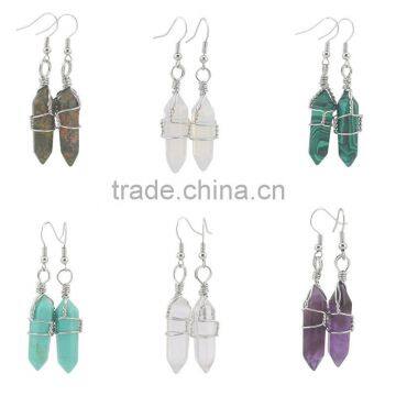 Silver Wire Wrapped Hexagon Prism Amethyst Natural Stone Drop Earrings