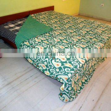 Ikat Kantha Quilt Green Kantha Quilt Ikat Quilt Indian Ikat Blanket Bedspread photo-3