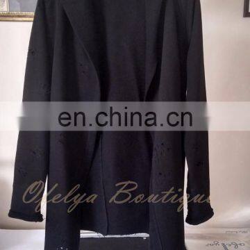 Black Slave Yeezuz Long Sweater Cardigan With Hood / Distressed look! Glove Sleeves - Bottom Drawstring - Seam Details -