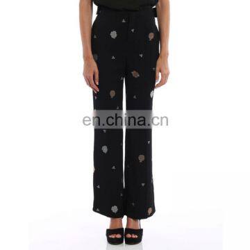 OEM 100%Polyester Floral Embroidered Candy Flared Trousers photo-2