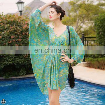 T-D070 Plus Size Women Printed Pleated Loose Bat Sleeve Short Dresses