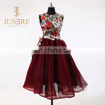 Newest Fashion Scoop Sleeveless Key Hole Backless Flowers Embroidered Burgundy Tulle Short Evening Dresses 2016