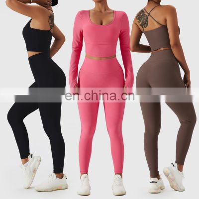 3 Pcs Soft Ribbed Gym Leggings For Women Sets High Waist Yoga Sexy Fitness Bra