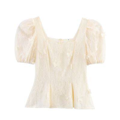 2025 new chiffon printed women's summer outfit, new cover belly slimming round neck embroidered bubble sleeve top