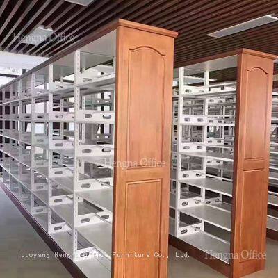 Double-Sided Library Bookshelf 5-Tier Metal Frame With Wooden Side Panels for Office School Storage photo-5