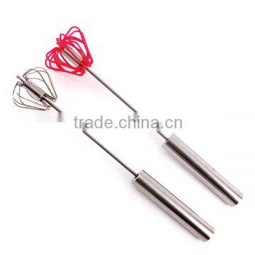 Factory price 14'' long Stainless steel +silicone hand press egg beater Semi-automatic rotation egg whisk