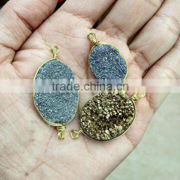 JF8604 oval gold wire wrapped station charm,Bezel platinum color druzy Connector