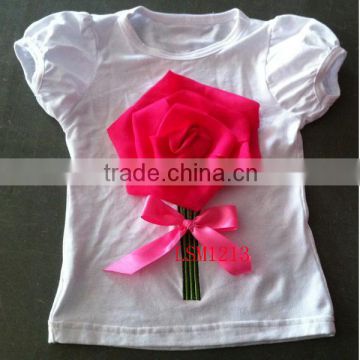 Rosebush puff sleeve toddle t-shirts white round neck baby girl top 100%cotton bowknot kids tees