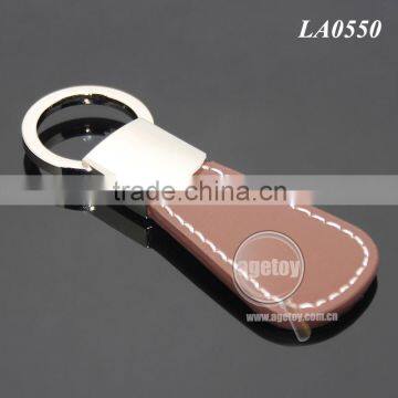 New Arrival Fashion Key Fob Zinc Alloy Silver Plated Round Metal Pull-tab Keyring White Stitching Brown Leather Keyholder