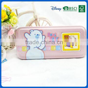 Promotional cheap cute tin material double layers pencil case