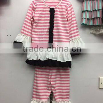 2016 pretty customized girls clothing set pink white stripe top ruffle pant clothing set