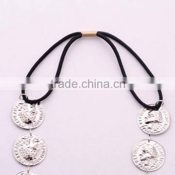 Vintage Girls Coin Shaped Silver Plated Metal Hair Chains Elastic Band Hair Accessories 2016