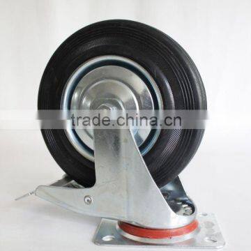 200mm black rubber industrial caster with brake with top plate