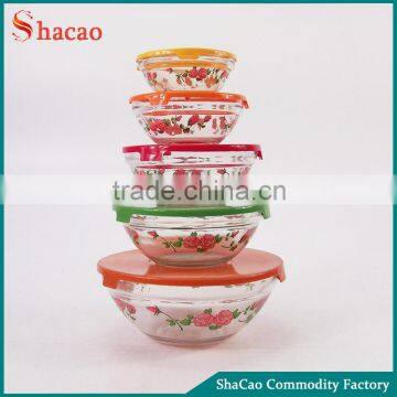 Pink Rose Decal Printing 5Pcs Glass Salad Bowl Set With Color Coded Lid