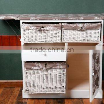 Wood Cabinet Floding Ironing Board With Wicker Basket