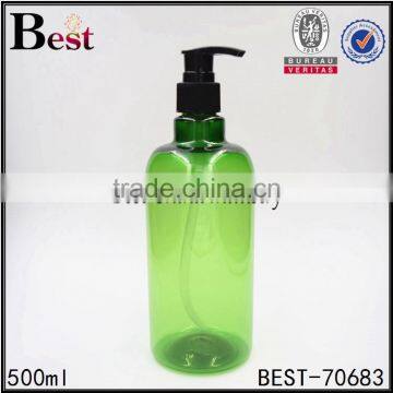 Cosmetic packaging round shoulder shampoo lotion essential oil beard oil detergent green 500ml clear plastic bottle with pump