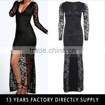 Ladies new model front Split dress & ladies long sleeve fashion lace maxi dresses for women 2016