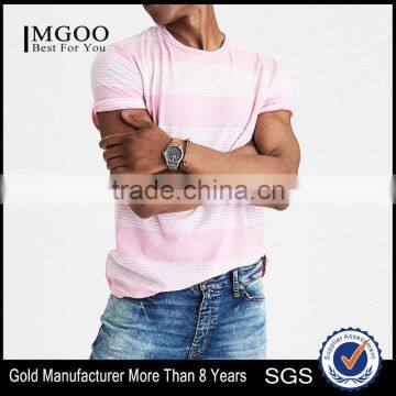 MGOO OEM Service Pink And White Horizontal Stripe T-shirts Mens Slim Fit 100% Cotton T Shirt