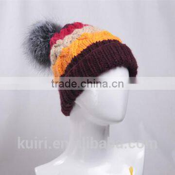 Winter Warm Knit Cap Thick Stick Knitting Mixed Color Winter Hats for Women Beanies With Fox Fur Poms photo-2