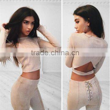 Runwaylover 074 New Style 2017 Ladies Fashion Two Piece Suits , Women Suede Crop Top And Tight Pants photo-3