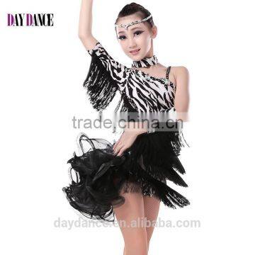 Girls Leopard Sexy Open Back Cocktail Latin Dance Dress Kid Child Unequal Tassel Sleeve Performance Dress