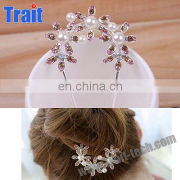 Elegant Five Flowers Pearls Hair Comb/ U Shaped Style Headwear Hair Comb