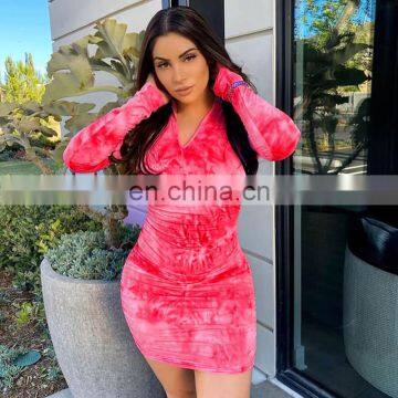 Long Sleeve Dress Tie-dye Floral Print Women's Bodycon Front Zipper Up Stacked Dress photo-2