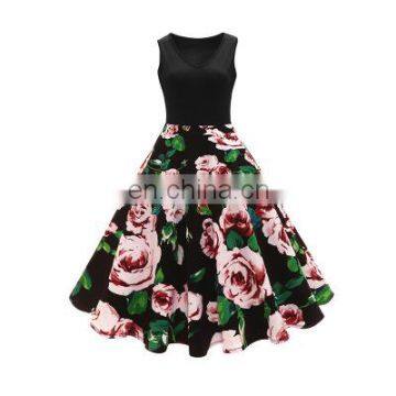 Women's Summer Spot Explosion Models Hot Sale V-neck Retro Printed Hepburn Large Size Dress Factory Direct Sales photo-2