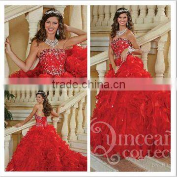 2014 New Arrival Strapless Floor Length Ball Gown Beaded Ruffled Red Quinceanera Dress