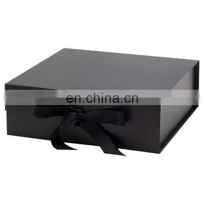 Luxury ribbon knot style anti-scratch matte black lamination rigid gift boxes for packing