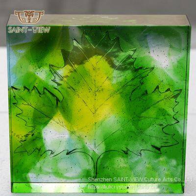 Lost-Wax Casting Pate de Verre Crystal Glass Liuli Leaf Sculpture Wall Relief photo-3