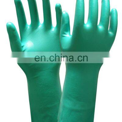 Long Cuff Green Flock Lined Nitrile Chemical Resistant Acid-based Proof Cheap Work Gloves