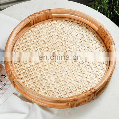 Hand Weave Rattan Tray Round Coffee Table Serving Tray for Table Handwoven Basket for Breakfast Wholesale