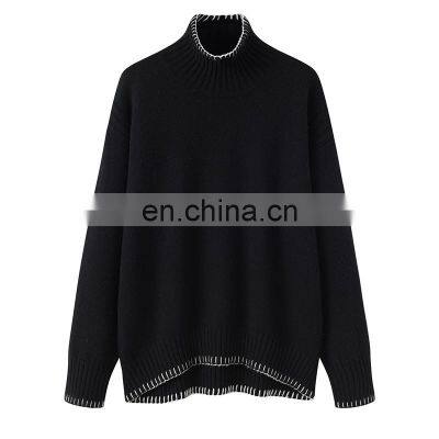 Winter Plus Size Ladies 100% Cashmere Pullovers Thickened Turtleneck Mock Neck Sweater Long Length Casual Style Solid Pattern