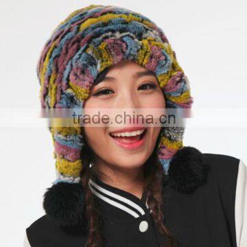 Women's Knitted Real Rex Rabbit Fur Hat Elastic Caps Winter Warm Headwear