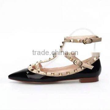 Flats shoes women 2015 black lambskin leather point toe gold spike studded ankle strap buckles closed sandals flats