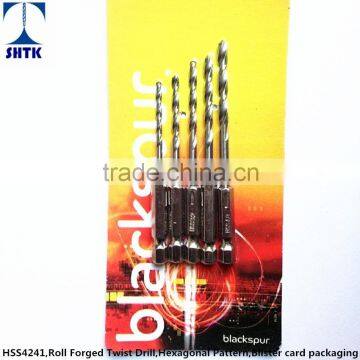 Factory sales directly,5PCS Twist Drill bit Set, HSS 4241 Roll Forged, Hexagonal Pattern, Blister Card Packaging