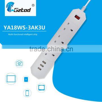 3 way uk type multi plug socket with usb 100v-240v voltage surge over current protection