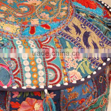 Blue Vintage Sari Fabric Round Ottoman Cover Bohemian Footstool Gypsy Antique Pouffe Cushion photo-2